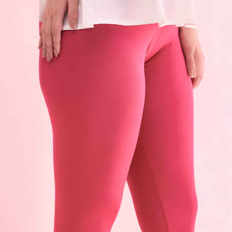 Go Colors Women's Solid Mid Rise Ankle Length Leggings | Fuchsia - M