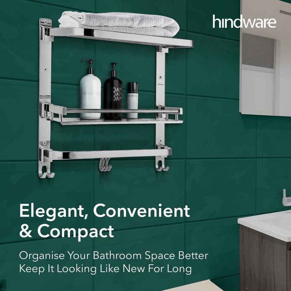Hindware Multi-Purpose Shelf with Foldable Towel Rack | Stainless Steel Construction | 3 Layered