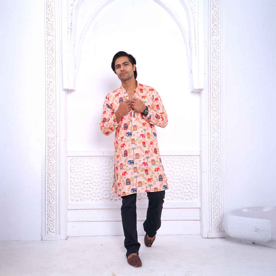 House Of Festivals Men's Printed Cotton Blend Ethnic Design Long Kurta | Multicolor - M