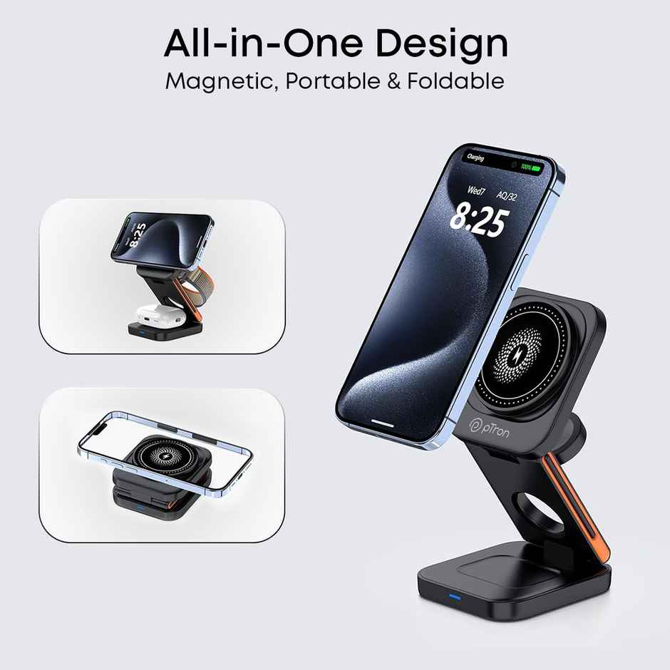 pTron Volitera Pro 3-In-1 23W Wireless Charger & Magnetic Stand For Iphone | Airpods - Black