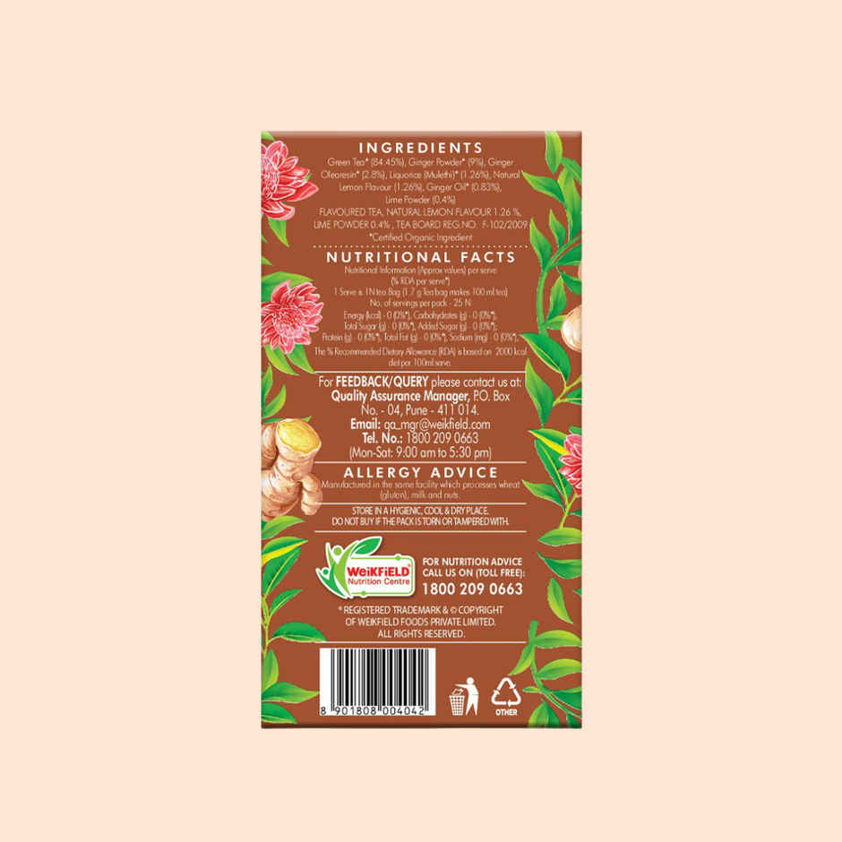 Eco Valley Organic Green Tea- Ginger Mulethi Lemon| Boost Energy, Helps Burn Body Fat| Zero Calories