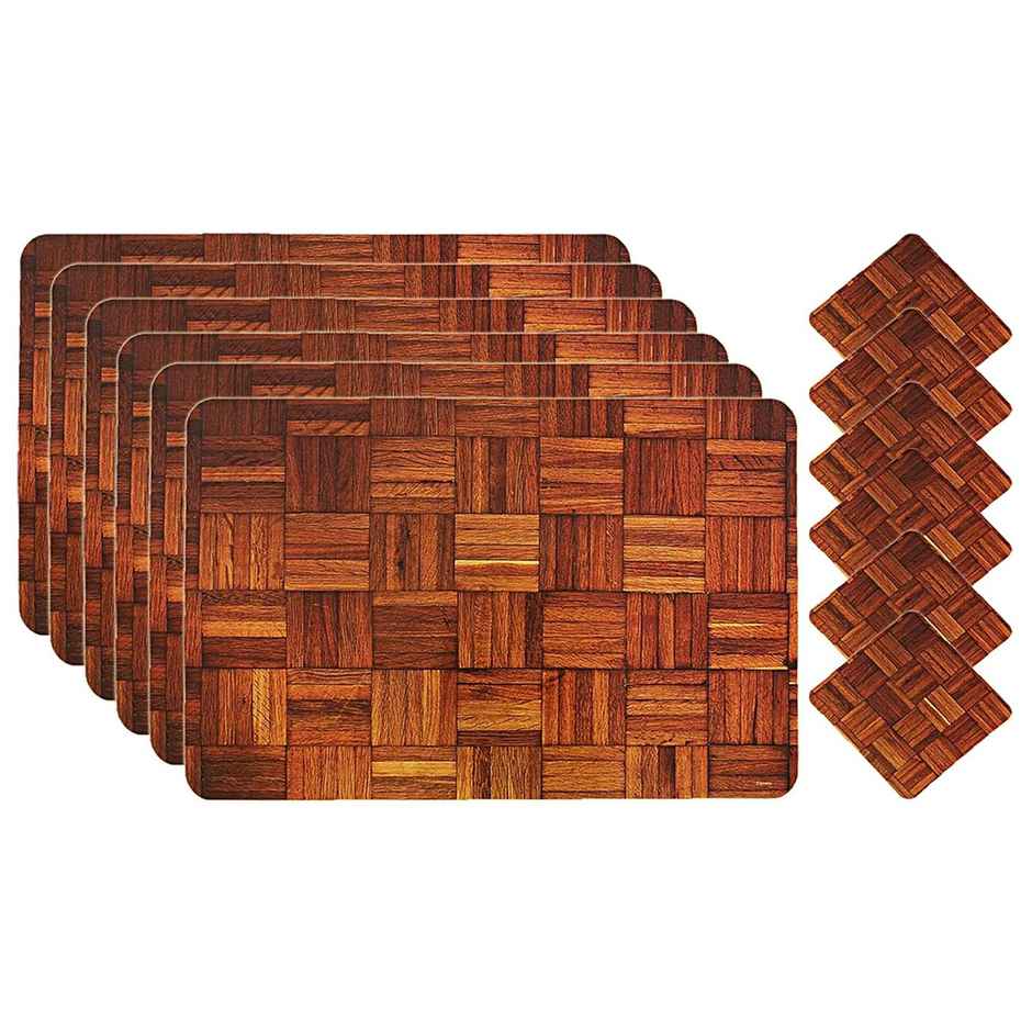 Kuber Industries PVC Wooden Design Dining Table Placemat Set with Tea Coasters | 6 pcs | Brown