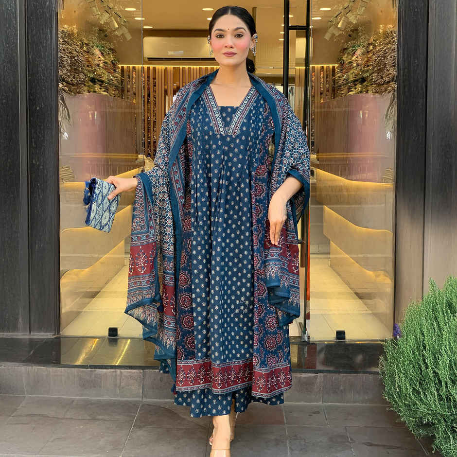 GoSriKi Women's Viscose Rayon Anarkali Printed Kurta with Pant & Dupatta | NAKULA | Blue - XL