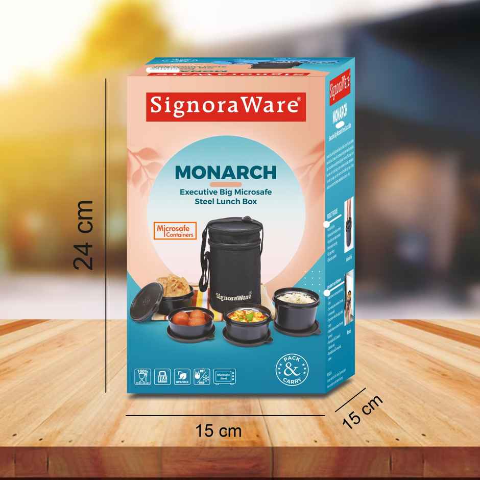 Signoraware Monarch Executive Big Microsafe Steel Lunch Box Food Grade Stainless Steel Black