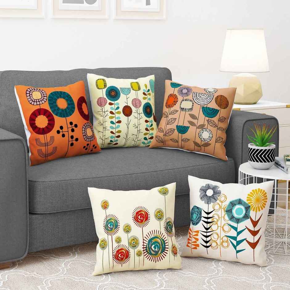 Story@Home Mustard & Cream Floral Polyester 5 Units of Helio Cushion Covers