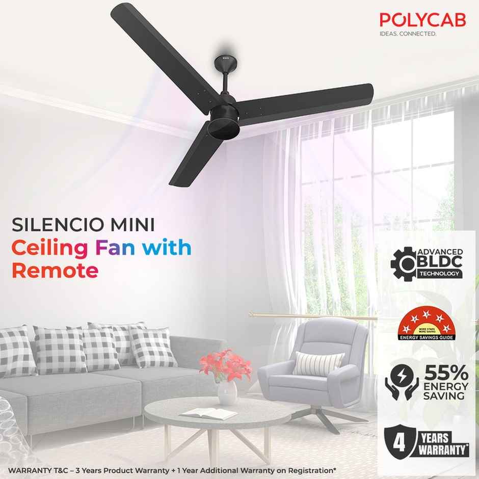 Polycab Silencio Mini BLDC Ceiling fan, 1200mm, Remote Control, 5-Star, 25 Speed Setting,Matt Black