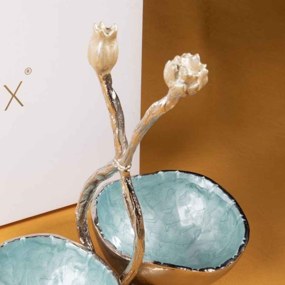 Lotus Design Blue Gold Plated Metal Dry Fruit Serving Tray | Gibox