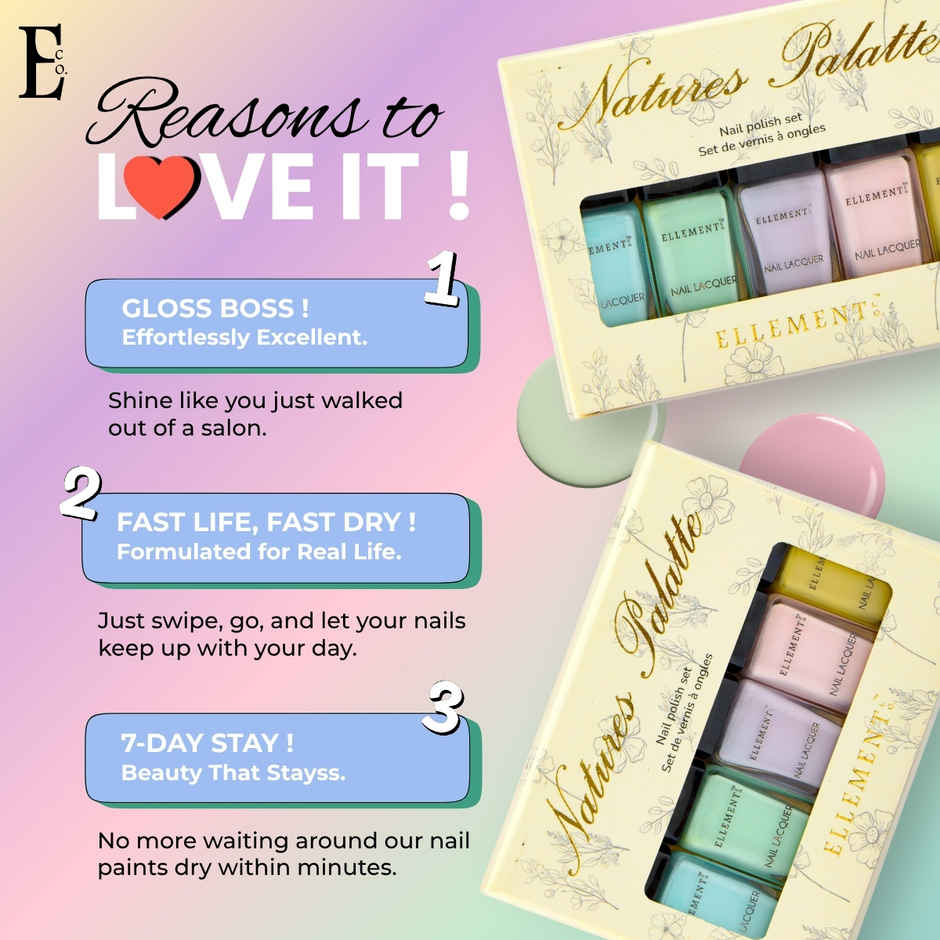 Ellement Co. Nature's Palette Nail Polish Kit |Trendy Soft Pastels|Quick Dry Glossy Finish|5 Shades