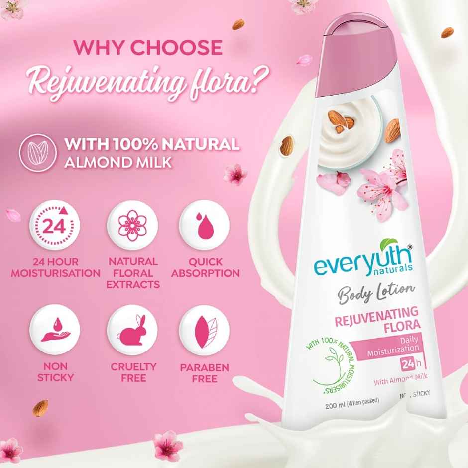 Everyuth Naturals Body Lotion - Rejuvenating Flora with 100% Nautral Almond Milk