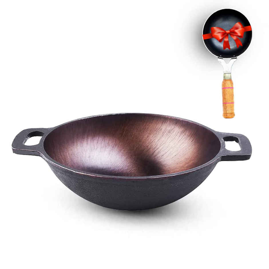 The Indus Valley Super Cast Iron Kadai with Free Iron Tadka Pan |25.4cm/ 10Inch, 2.5Ltr, 2.4kg