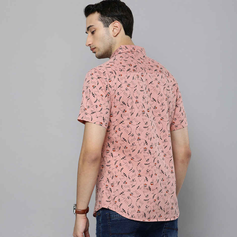 The Indian Garage Co Men's Slim Fit Animal Print Casual Half Sleeve Shirt | Pink - XL