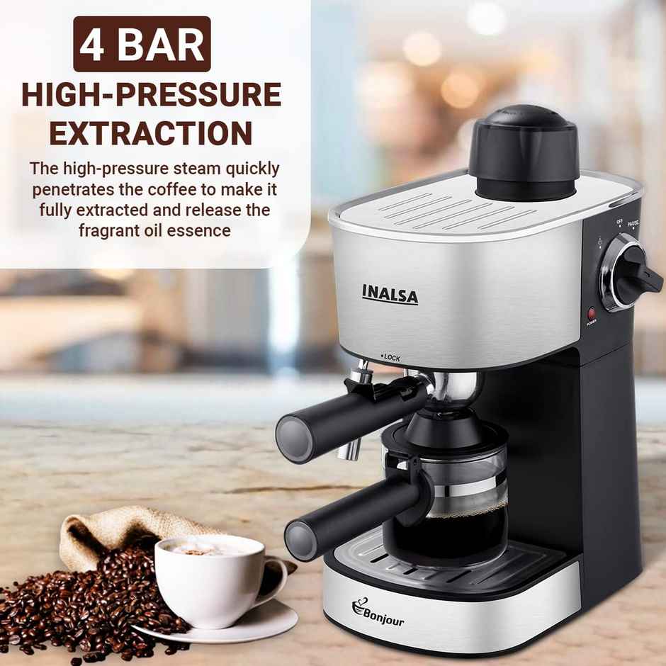 INALSA Espresso/Cappuccino 4Cup Coffee Maker 800W- Bonjour (3in1- Espresso,Cappuccino & Latte)