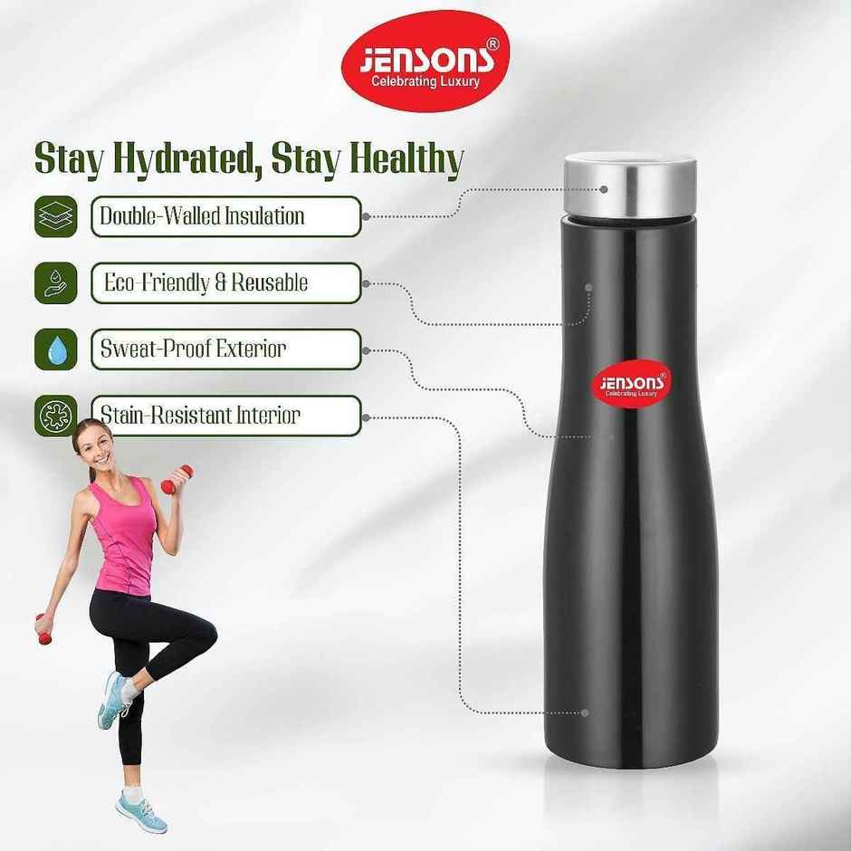 Jensons Stainless Steel Flora Water Bottle 1 Litre | Leak Proof | Black