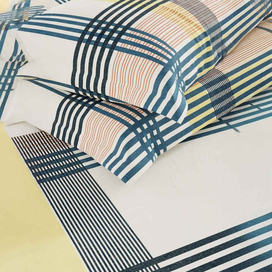 Bianca 100% Natural Cotton XL King Fitted Bedsheet 3pc Set with 2 Pillow Covers Stripe Yellow/Teal