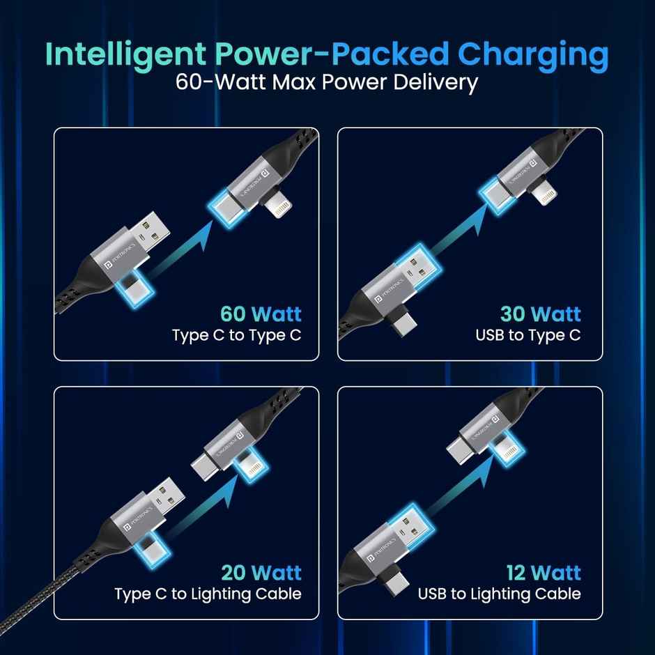 Portronics Konnect 4-in-1 Charging Cable | Type C to Type C/Lightning | for Android/iOS Devices