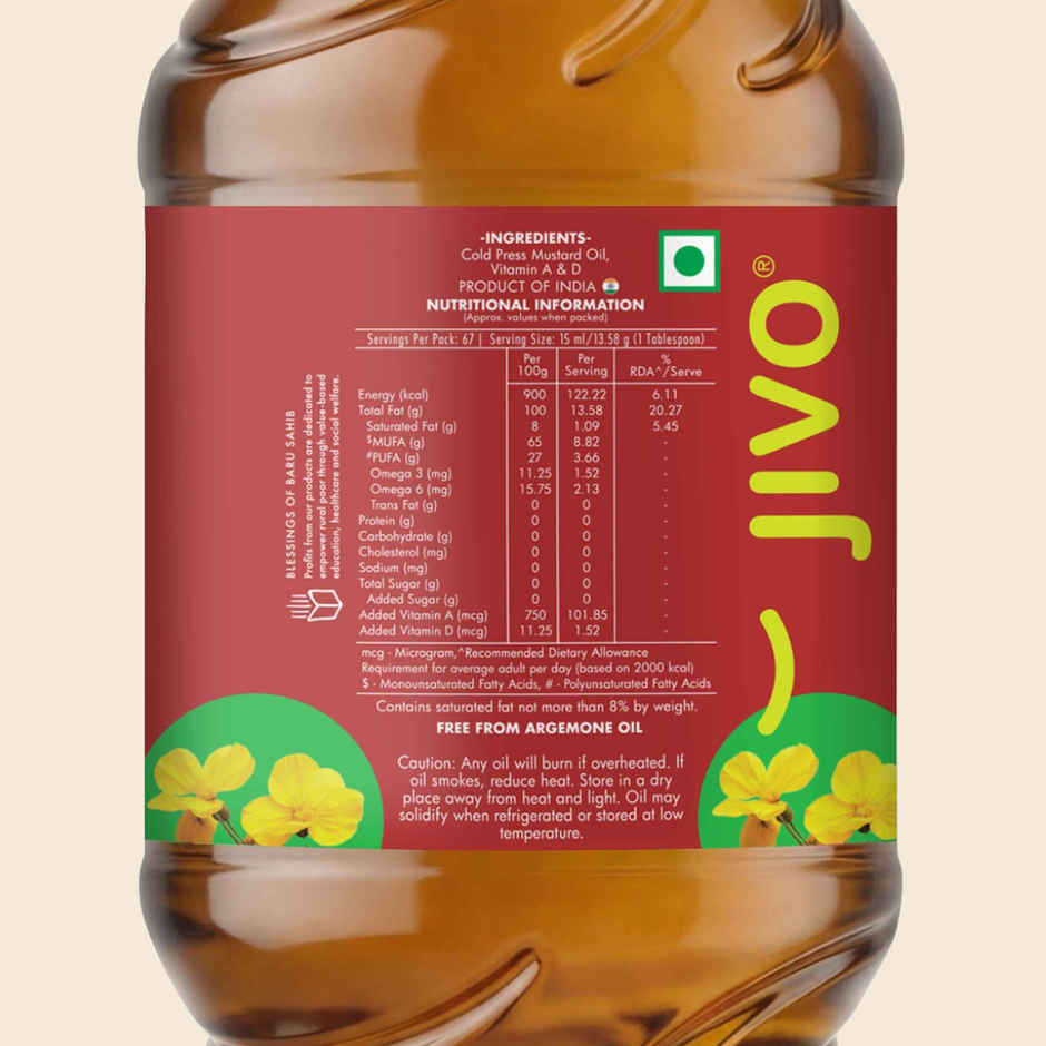 Jivo Kachi Ghani Mustard (Sarson) Cold Pressed Oil | Vitamin Fortified Cooking Oil