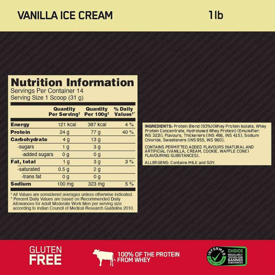 Optimum Nutrition (ON) 100% Whey Gold Standard Powder Vanilla Ice Cream1 lb