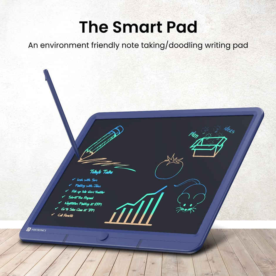 Portronics Ruffpad 15M 15Inch (38.1cm) Re-Writable Multicolor LCD Writing Pad with Smart Lock,India's first notepad to save and share your child's first creatives via Ruffpad app on your Smartphone - Blue