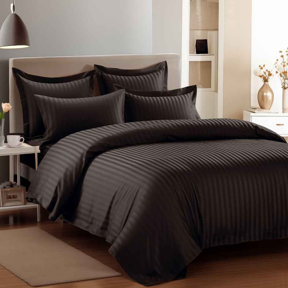 Story@Home 300 TC Dark Brown Stripes Microfiber Double Size bedsheet with 2 Pillow Covers