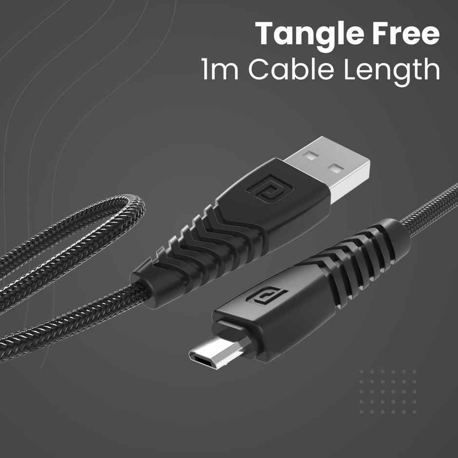 Portronics Konnect B Micro USB Cables For Fast Charging & Data Sync 3.0 Amp with PVC Heads, Nylon Braided,(1m) - Black