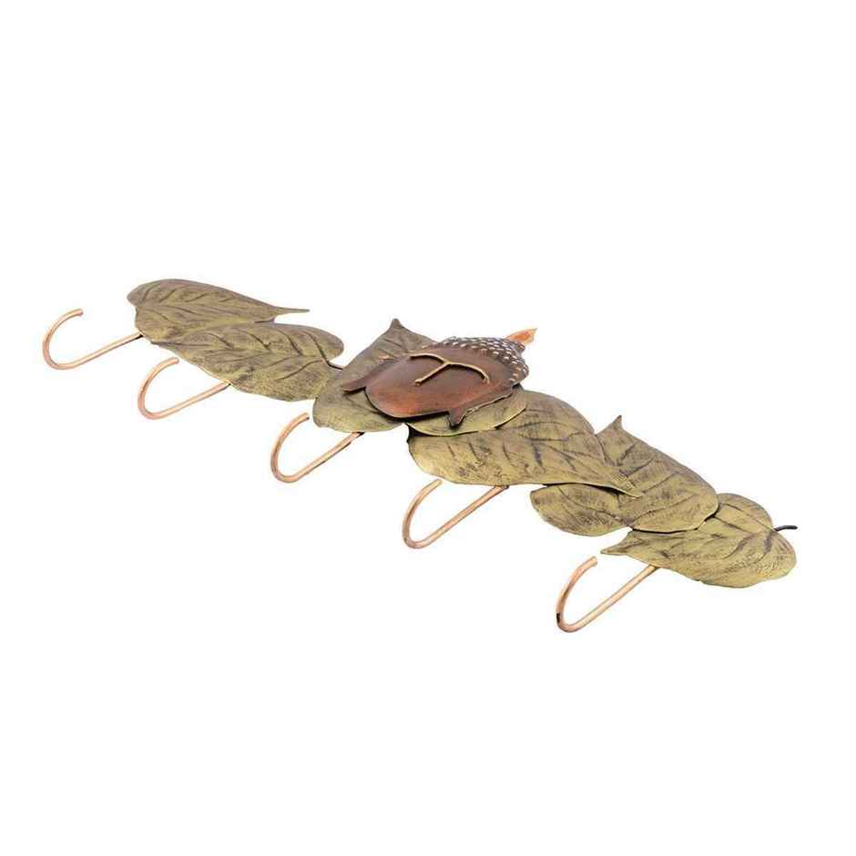 Ecraftindia Wrought Iron Buddha Head With Green Leaves Designer With 5 Key Hooks For Wall