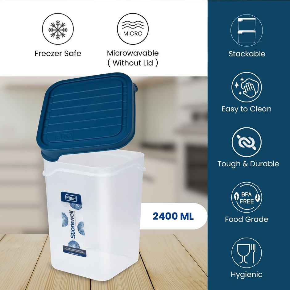 Flair Plastic Storewell Square Food Storage Containers 2400Ml - Set Of 2 (Blue)