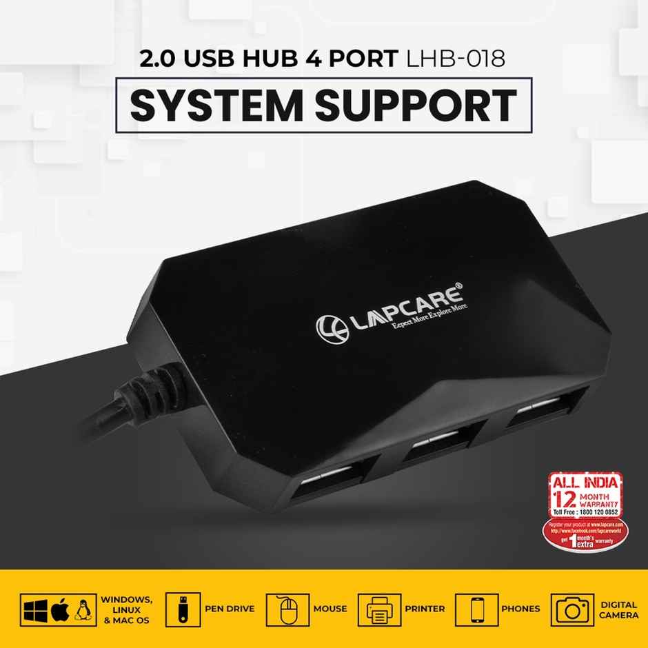 Lapcare 4-Port Hub, Usb 2.0 , Support Data Transfer Rate 1.5/12/480Mb/S With 1Meter Cable