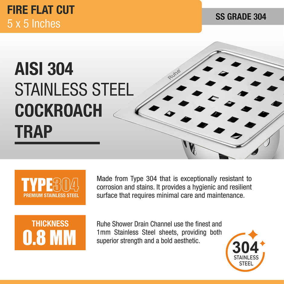 Ruhe Fire Square 304-Grade Floor Drain with Cockroach Trap (5 x 5 Inches)