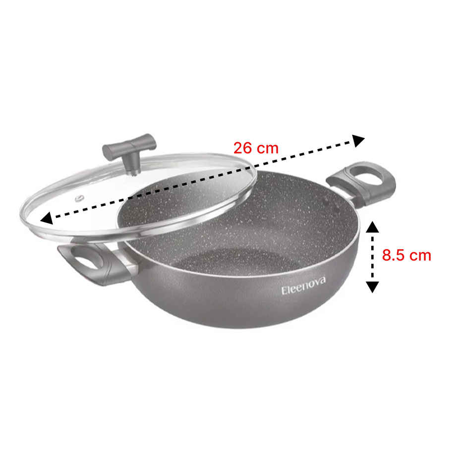 Eleenova Aspire Non | Stick Cookware | Kadai With Glass Lid 26 Cm