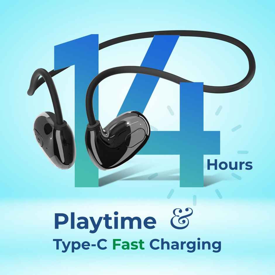 pTron Tangent Play Open-Ear Bt Neckband With Mic 14H Playtime Touch Control Type-C Ipx5 - Black