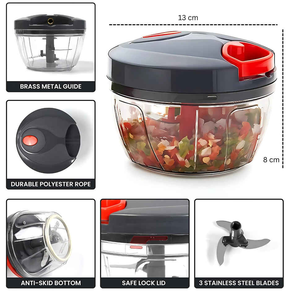 Zedak Plastic Hand-pulled Vegetable & Fruit Chopper | 450 ml | Black & Red - 1 pc