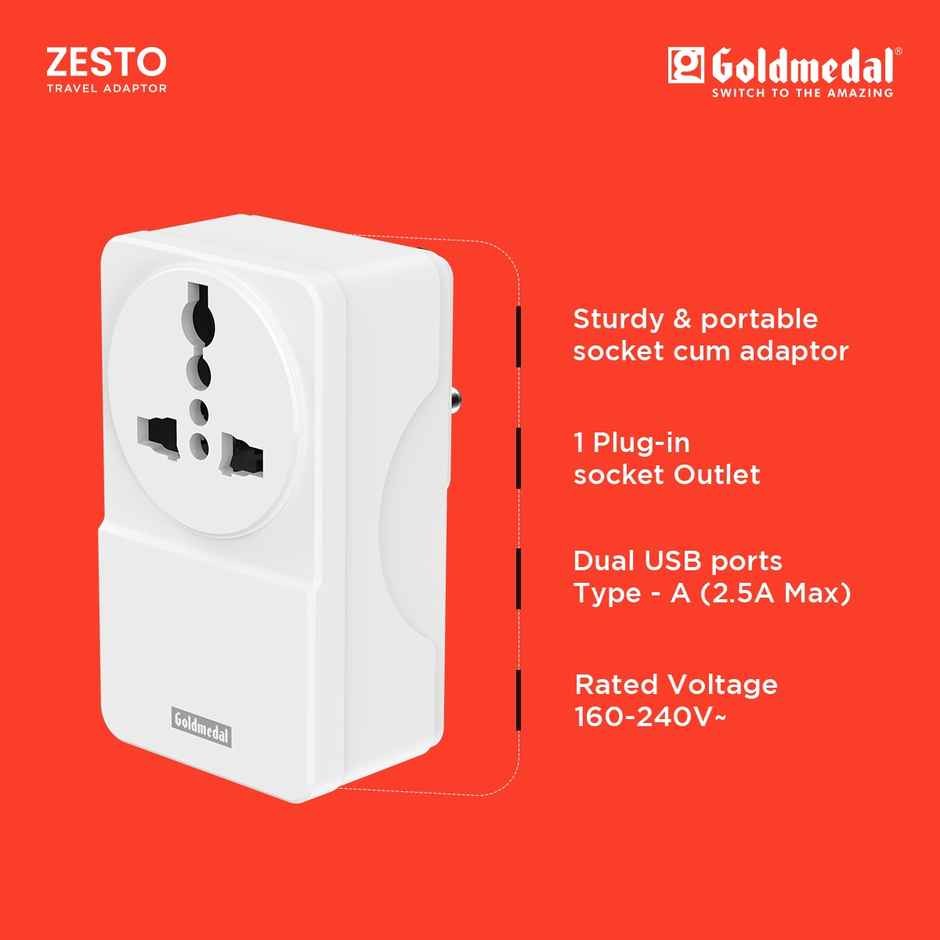 Goldmedal Zesto Travel Adapter with Universal Socket & Dual Port USB-A | 3-Pin Socket