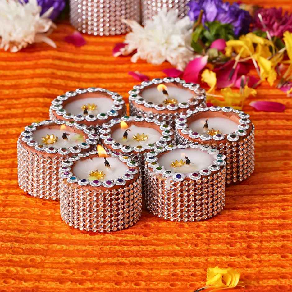 Lace Small Pillar Wax Diya Assorted | Pack Of 12 | Designer Clay Wax Diya | Pichai