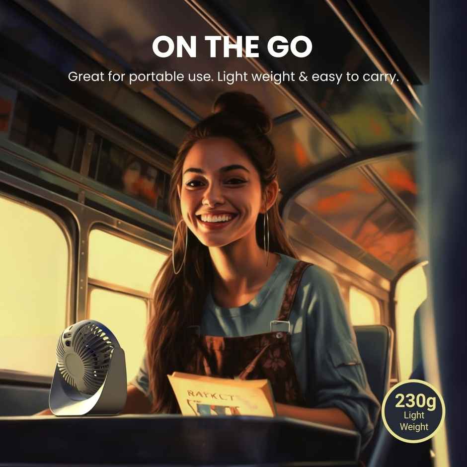 Portronics Toofan Mini USB Portable Fan, 60mm, 3 Blade BLDC Motor, with 2000 mAh Battery, White