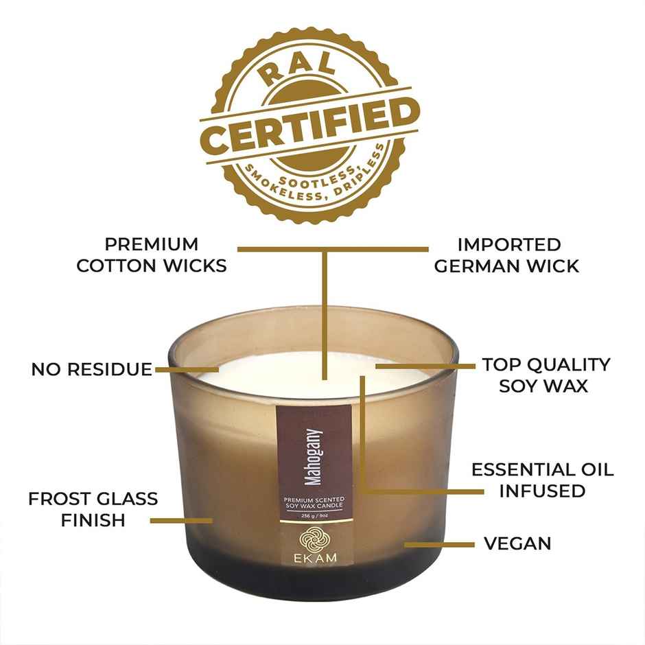 Ekam Mahogany Scented 3 Wick Soy Candle | Home Decor