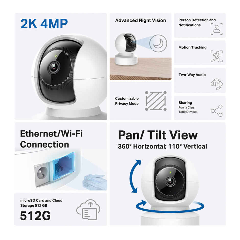 TP-Link Tapo C222 2K QHD 1440p 4MP Pan/Tilt AI Smart Home Security Wi-Fi Camera| Works with Google Home and Alexa | 360Degree Ethernet/Wi-Fi Connection | Two-Way Audio| Advanced Night Vision - White