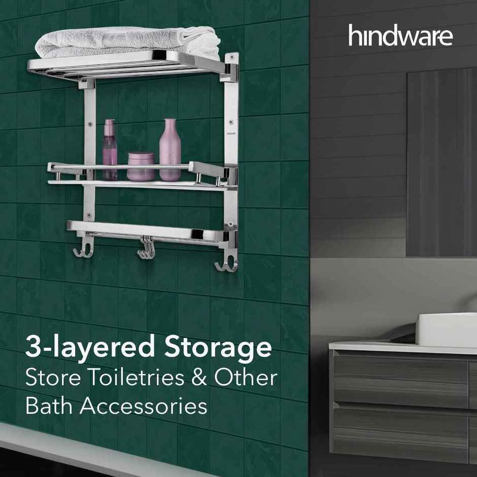Hindware Multi-Purpose Shelf with Foldable Towel Rack | Stainless Steel Construction | 3 Layered