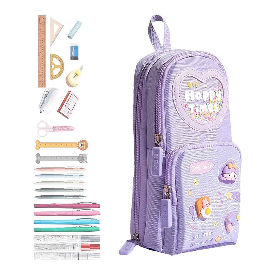 Toyshine 3 Layer Large Capacity Handheld Multifunctional Pencil Pouch for School Kids | Purple