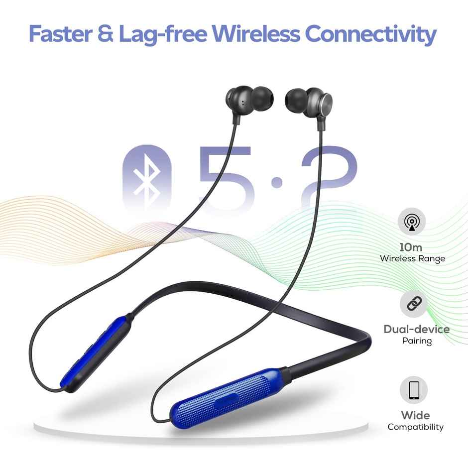 pTron Tangent Duo Wireless Neckband Stereo Sound Hd Calls 24Hrs Playtime- Black Blue