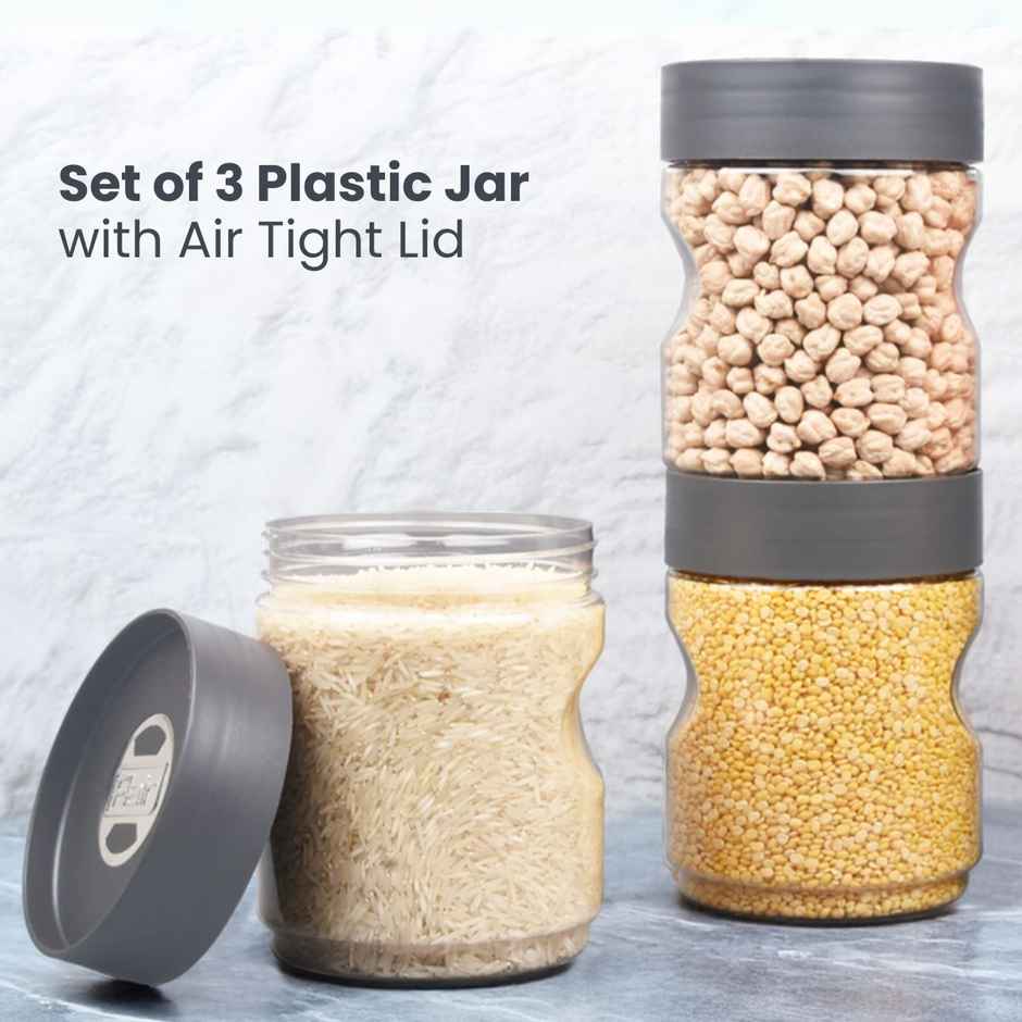 Flair Plastic Stackup Pet Jar Set Of 3 Pcs 1000 ml (Gray), Transparent