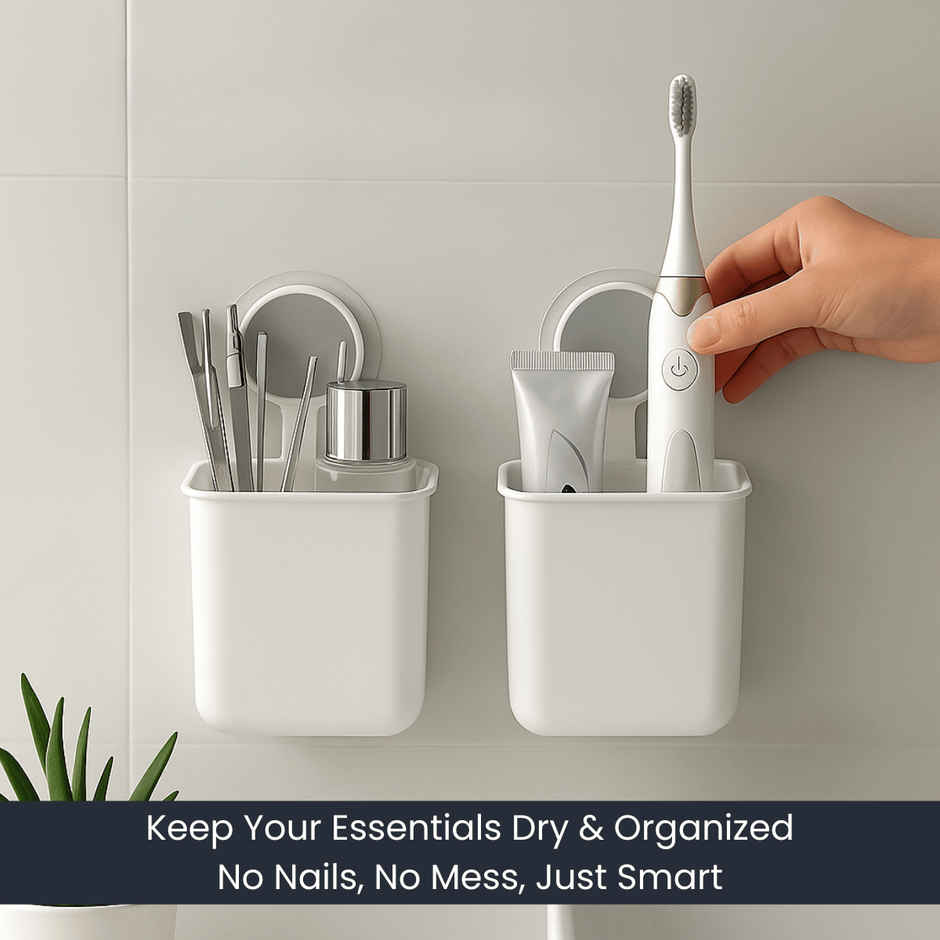 Zulaxy Adhesive Wall Mounted Storage & Toothbrush Holder | White | Pack of 2