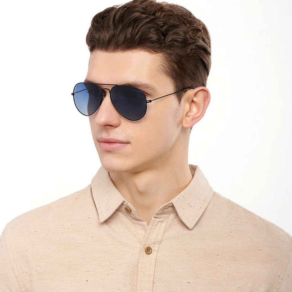 Vincent Chase By Lenskart Unisex Solid Stainless Steel Aviator Sunglasses | Black and Blue - M
