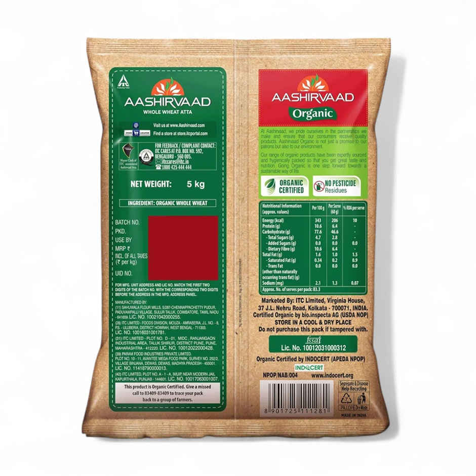 Aashirvaad Organic 100% Organic Whole Wheat Atta, 0% Maida
