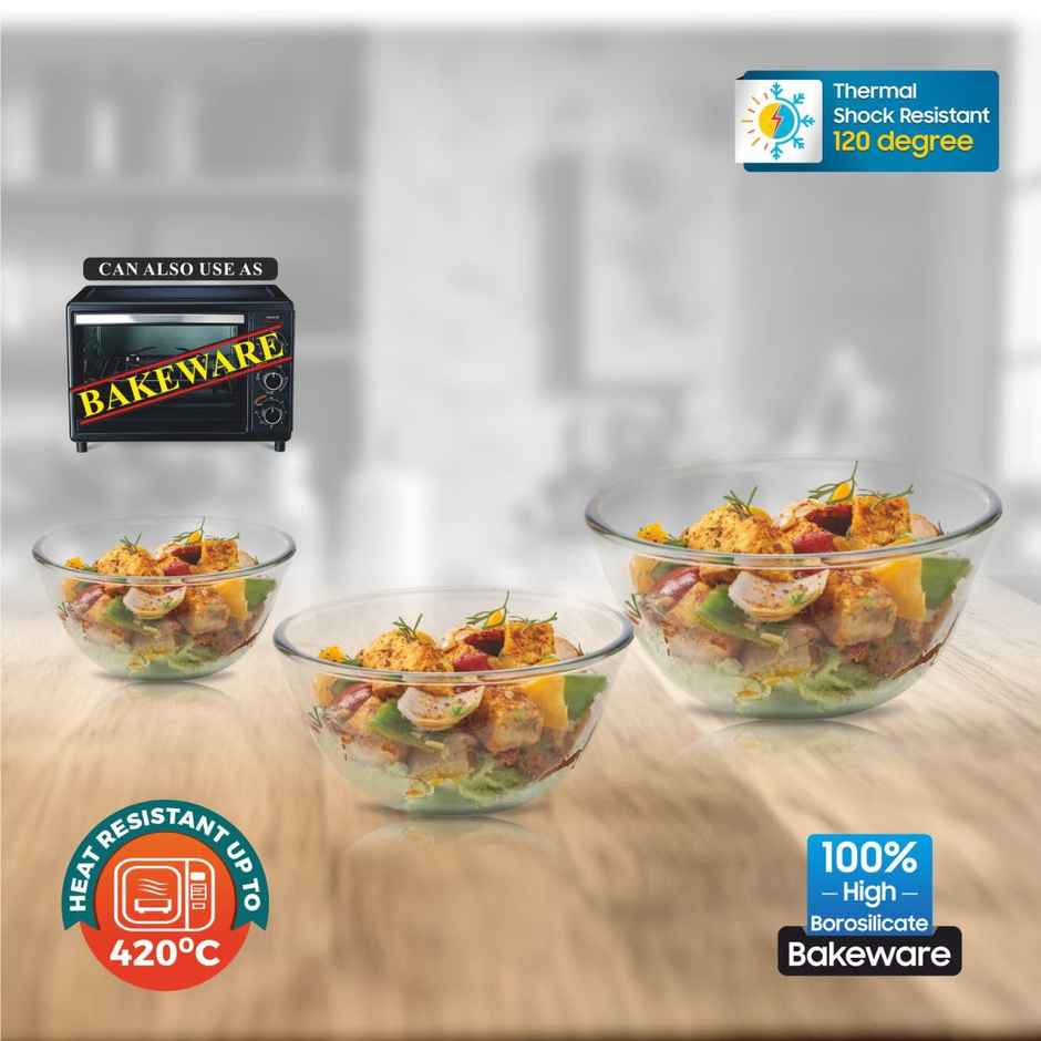 SignoraWare Mixing Bowl Borosilicate Glass, Set/3, 500Ml+1000Ml+1500Ml, 1208Clear