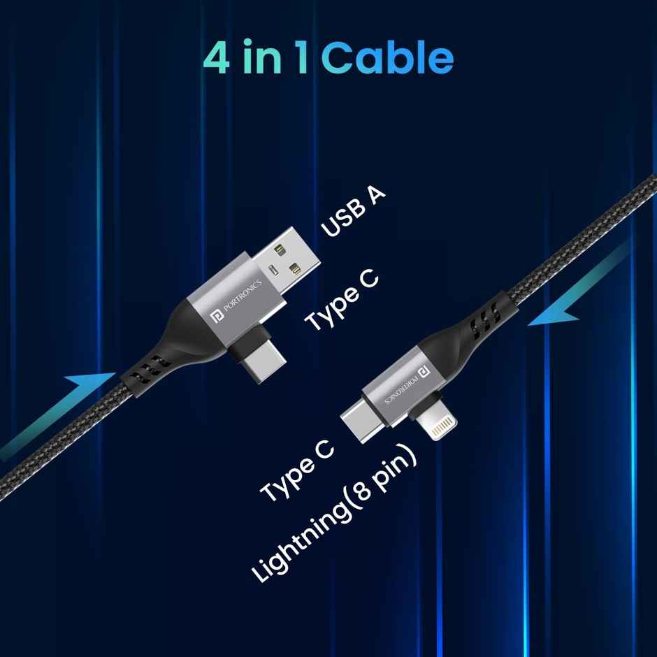 Portronics Konnect 4-in-1 Charging Cable | Type C to Type C/Lightning | for Android/iOS Devices