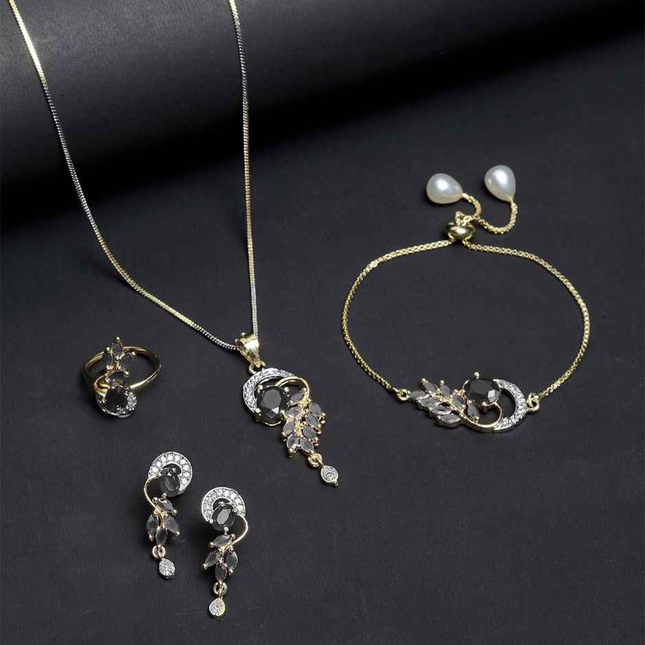 Zeneme Gold-Plated Black Cubic Zirconia Studded Handcrafted Jewellery Set For Girls and Women