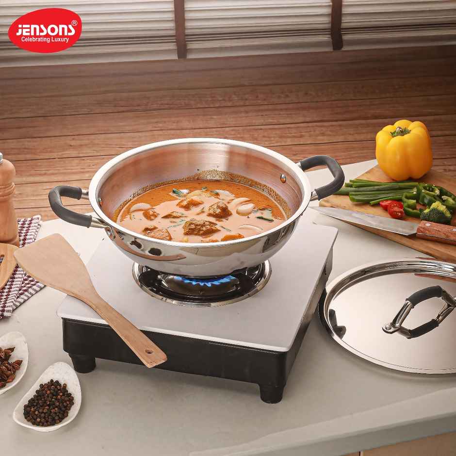 Jensons Triply Stainless Steel Kadai | 22 cm | Glass Lid | Induction Compatible