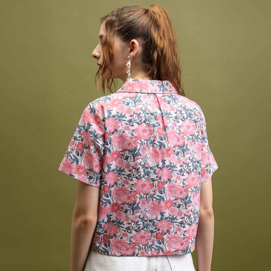 Tokyo Talkies Women's Printed Crop Shirt Top | Pink Beige Multicolour - M