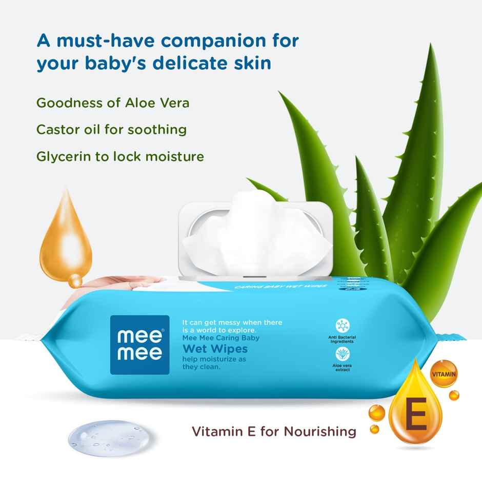 Mee Mee Caring Baby Wet Wipes With Lid 72 Pcs Aloe Vera - Pack Of 3