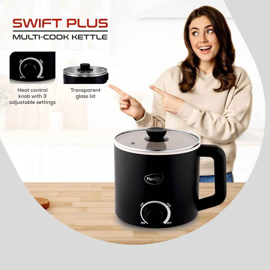 Pigeon Swift Multi-Cook Kettle 1.5L, Egg Rack - Black | Double Layered | Food Grade Stainless Steel Inner wall | Glass Lid | Auto Shut-off